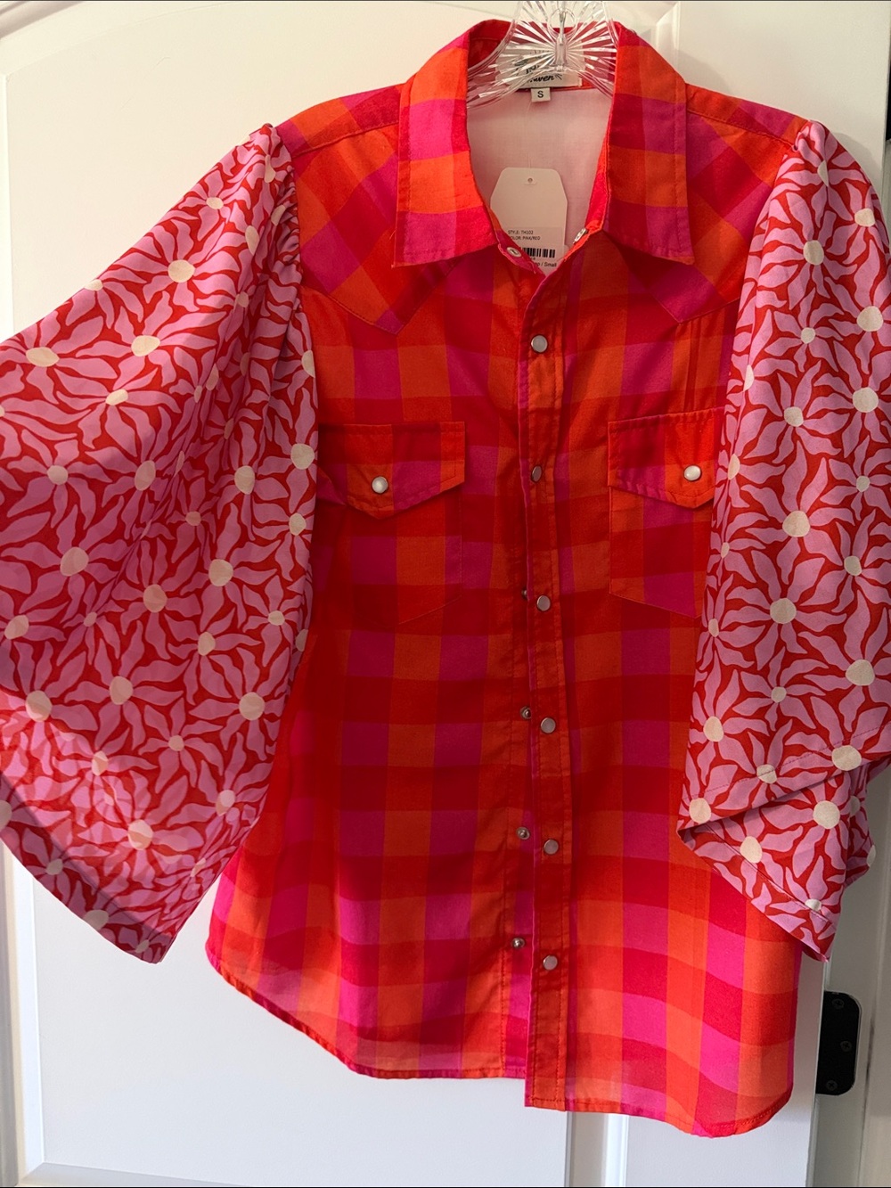 Girls' Red & Pink Plaid Button-Down Shirt with Floral Puff Sleeves